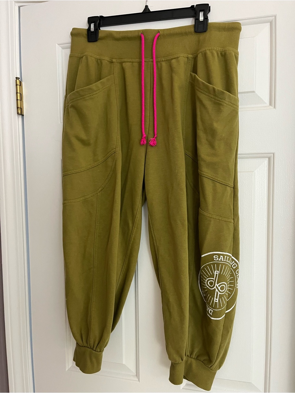 Anthropologie -Daily Practice Olive Green Jogger Pants with Hot Pink Drawstring